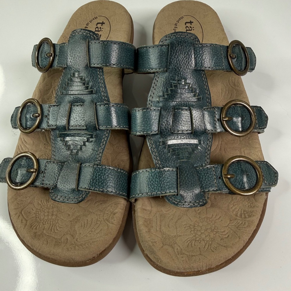 Taos Trulie Teal Blue Leather Triple Strap Comfort Sandals Womens 9 GDT-13747